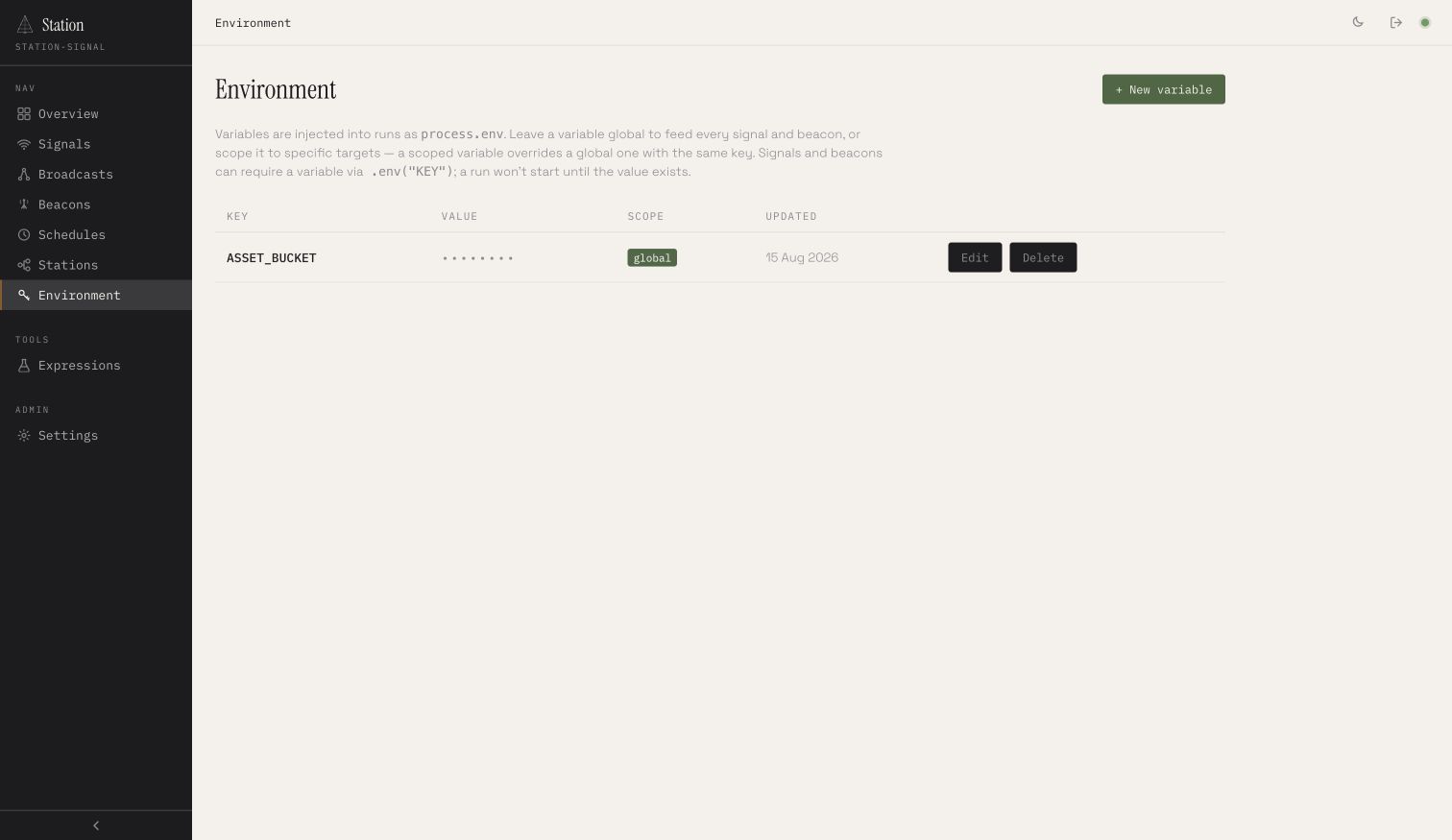 Environment page with a redacted global ASSET_BUCKET value