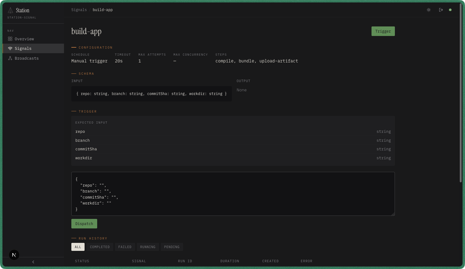 Signal detail page for build-app showing configuration, schema, trigger form, and run history