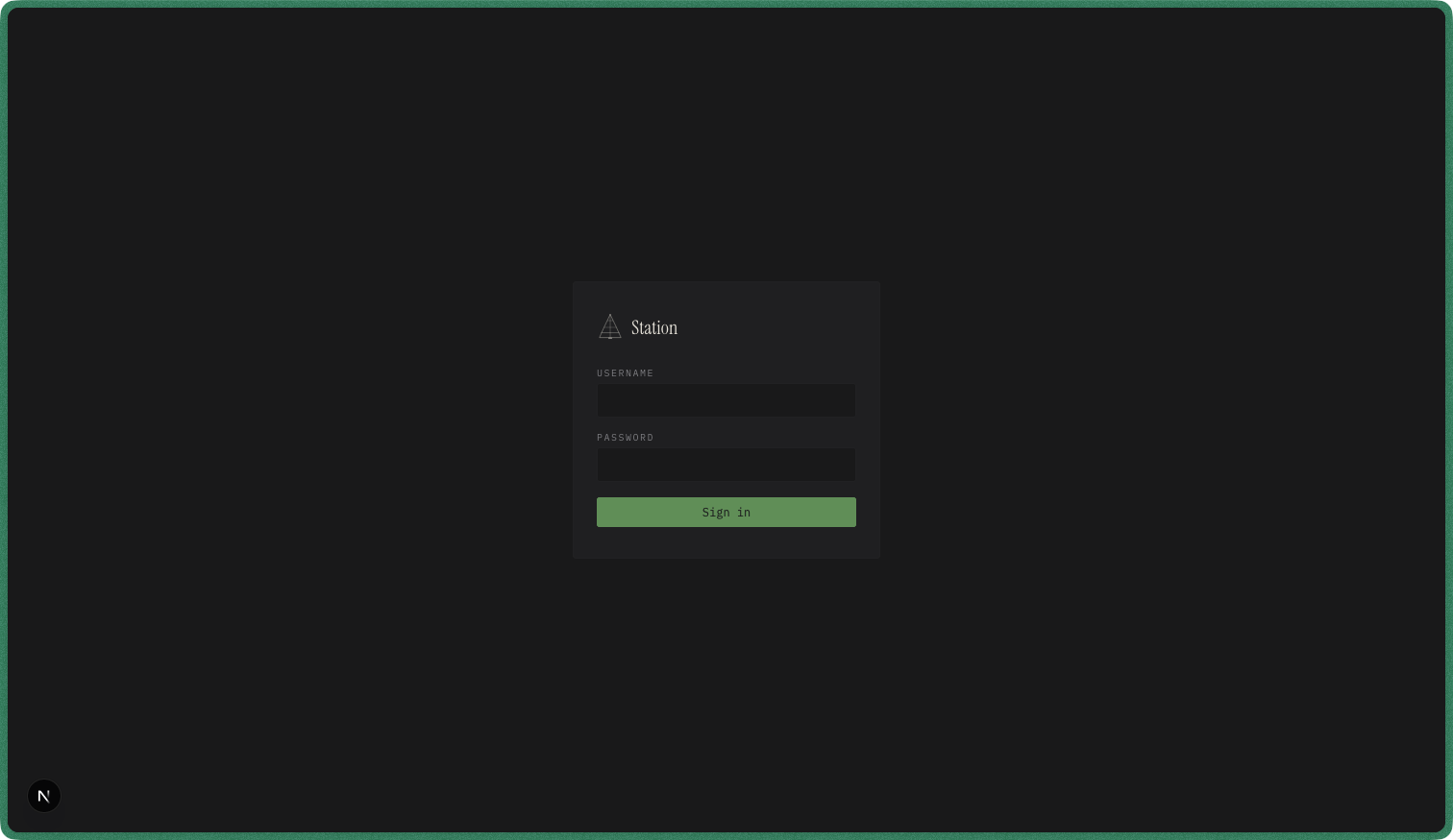 Login screen with Station logo, username and password fields, and a green Sign in button
