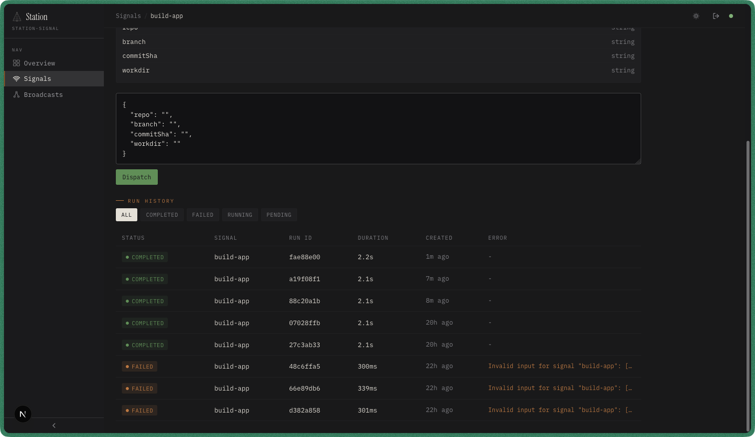 Run history table showing status badges, signal name, run ID, duration, created time, and error columns